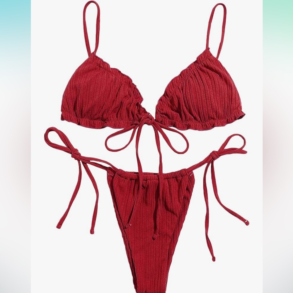 Red Ribbed Bikini Set